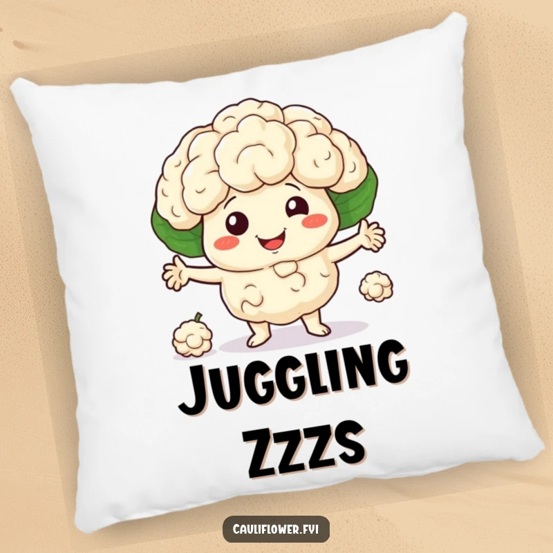 Smiling cauliflower character juggling three little florets on a pillow, adding comfort and fun, funny gift.