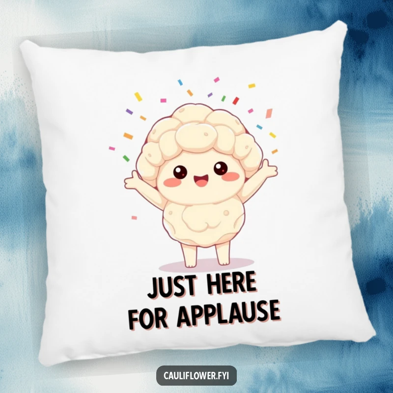 Funny Kawaii cauliflower pillow featuring a delightful veggie joyfully spinning colorful confetti, perfect for adding cheer to any couch.