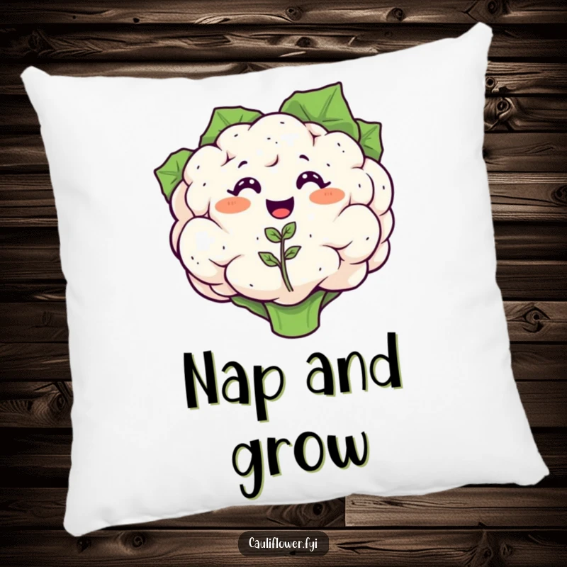 Funny pillow featuring a smiling cauliflower with a tiny, happy cauliflower seedling sprouting, soft and full of life.