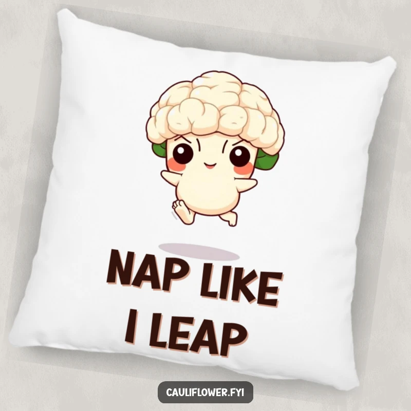 Funny pillow with a soft, plush design of a cauliflower with tiny feet caught in a mid-air leap, bringing cheerful energy.