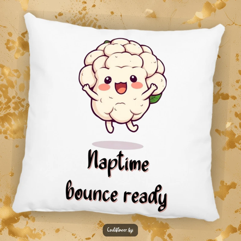 Funny kawaii cauliflower pillow depicting a joyful hop with a bounce, soft and humorous decorative item.
