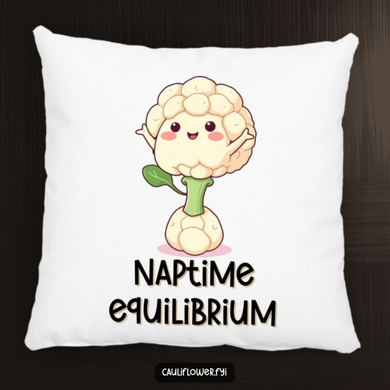 Funny pillow featuring a cauliflower character balancing on one floret, arms outstretched for perfect equilibrium.
