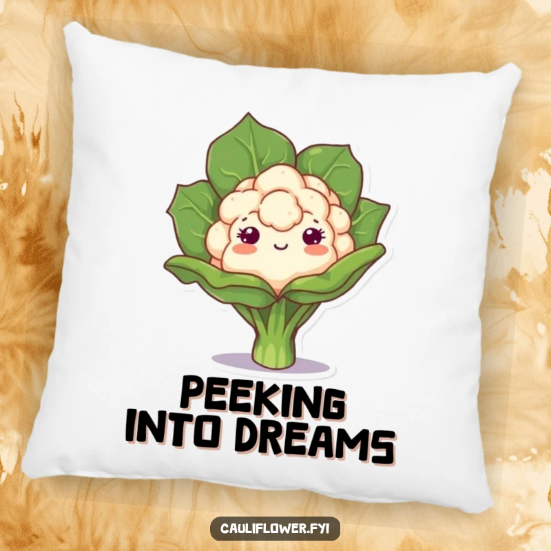 Funny pillow with a kawaii cauliflower playfully peeking from behind a leaf, offering soft comfort and radiating playful, whimsical charm.