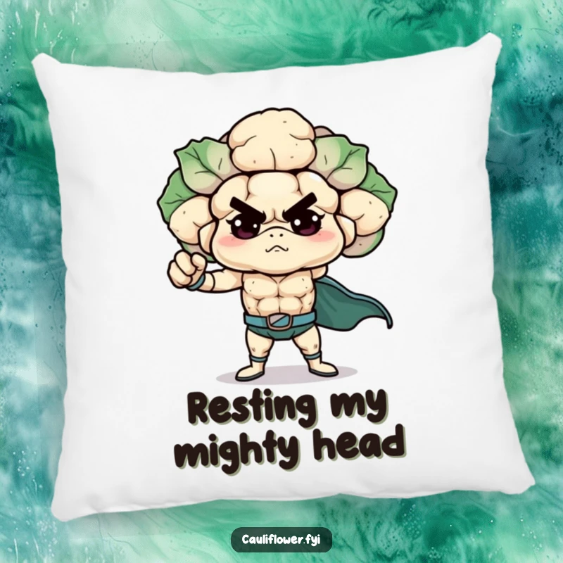 Funny Cauliflower Pillow showcasing a determined veggie hero in a powerful superhero stance, offering comfort and humorous inspiration.