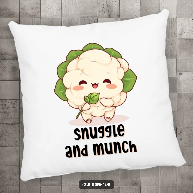 Funny Kawaii cauliflower character happily eating a tiny sprout, creating a cute and humorous design for a decorative pillow.