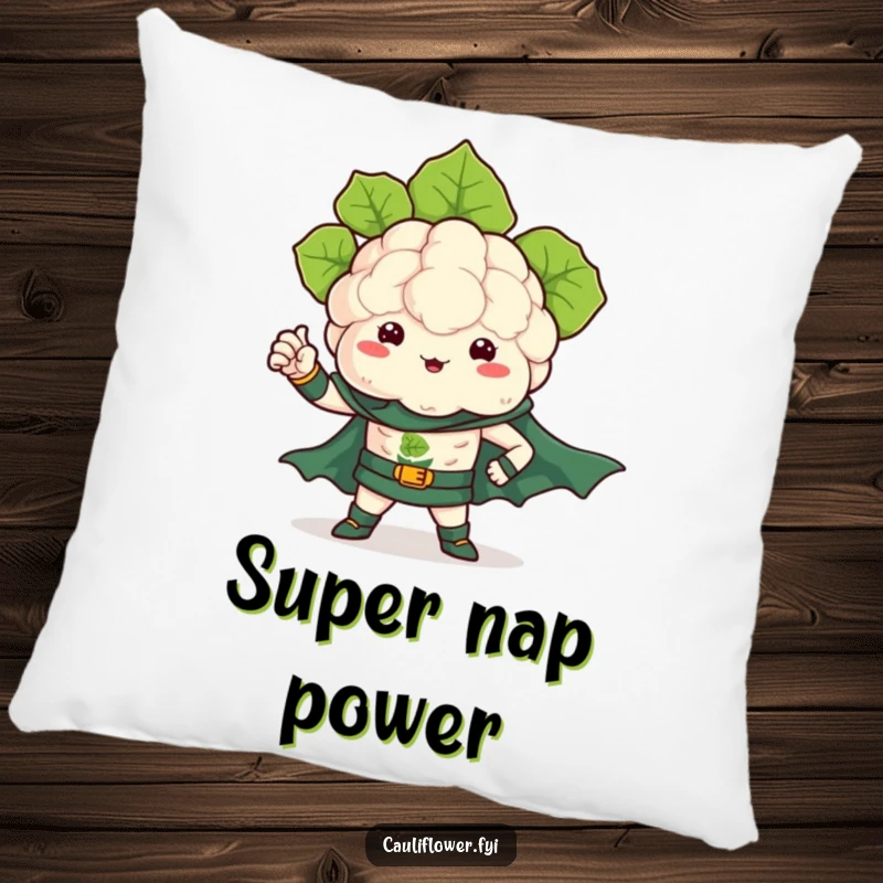 Funny pillow featuring a kawaii cauliflower as a superhero, flexing a leafy arm, providing comfort and heroic vibes.
