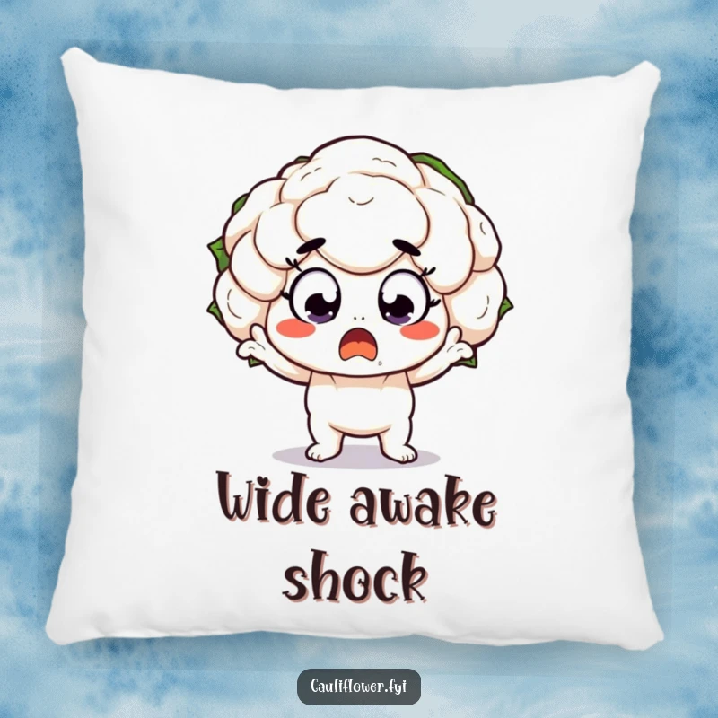 Funny Pillow with a kawaii cauliflower character in a wide-eyed, surprised pose, offering soft comfort and humorous expression.