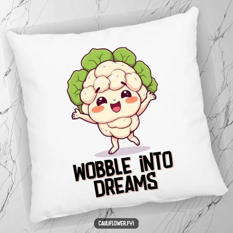 Funny pillow showcasing a happy cauliflower character busting a silly dance move, florets wobbling, embodying pure, uninhibited joy.