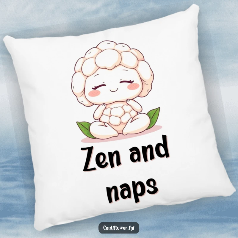 Funny cauliflower meditating with closed eyes and a peaceful smile, offering cozy comfort and tranquility.