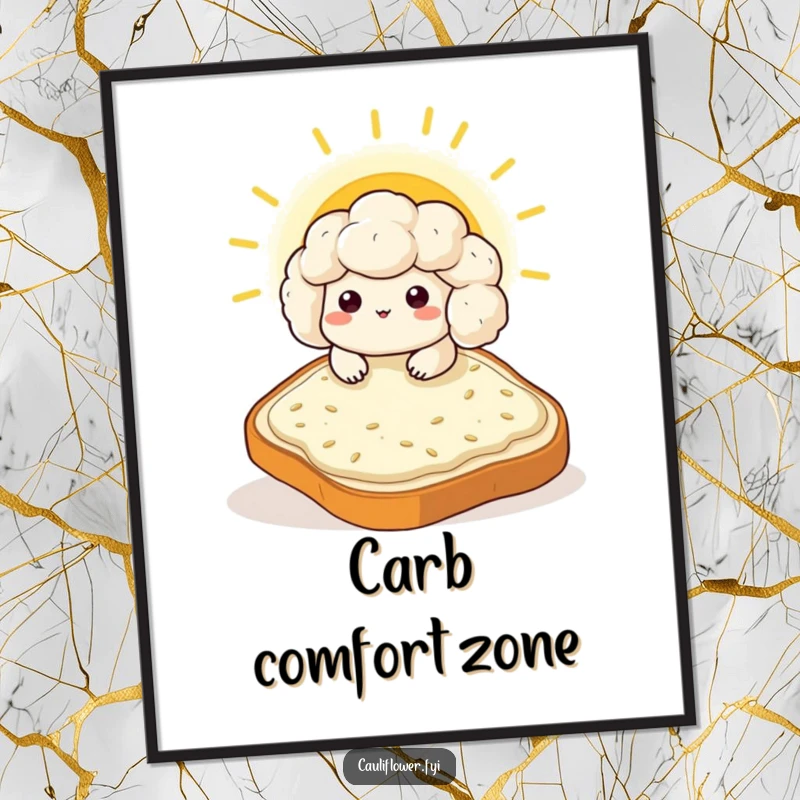 Funny Kawaii cauliflower sunbathing on a giant toast slice, a high-resolution humorous digital art print.