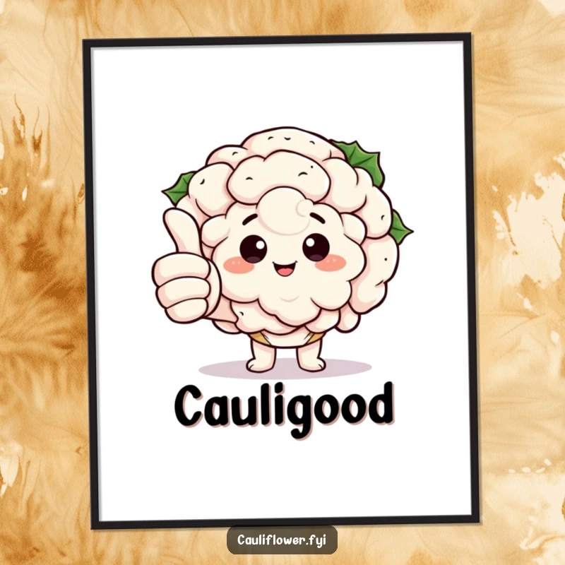 Funny Kawaii Cauliflower Digital Art: A printable featuring a cauliflower giving a big thumbs up with comically large fingers, offering instant humorous approval.