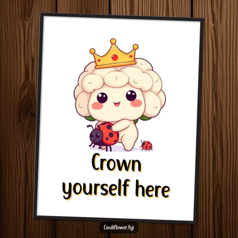 Funny Kawaii cauliflower character wearing a crown and riding a tiny ladybug, perfect for a digital art print with a royal theme.