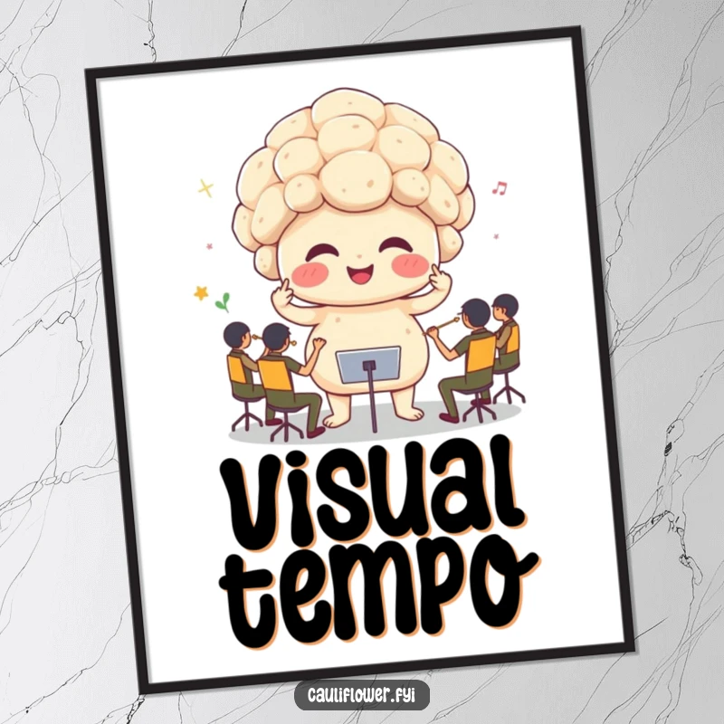 Funny cauliflower leading a tiny orchestra with sprout arms, a digital art print bursting with whimsical humor.