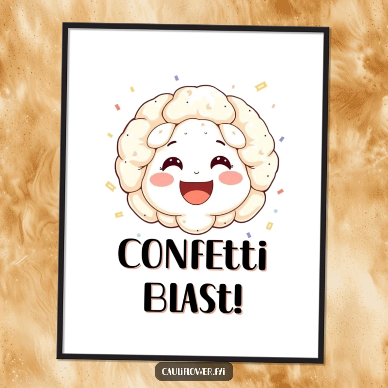 Funny digital art print of a smiling cauliflower face with rosy cheeks, joyfully throwing confetti.
