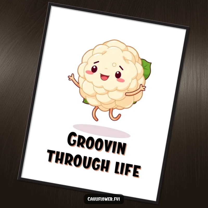 Funny digital art print of a cauliflower captured mid-wobbly dance, radiating comical energy and vibrant, humorous style.