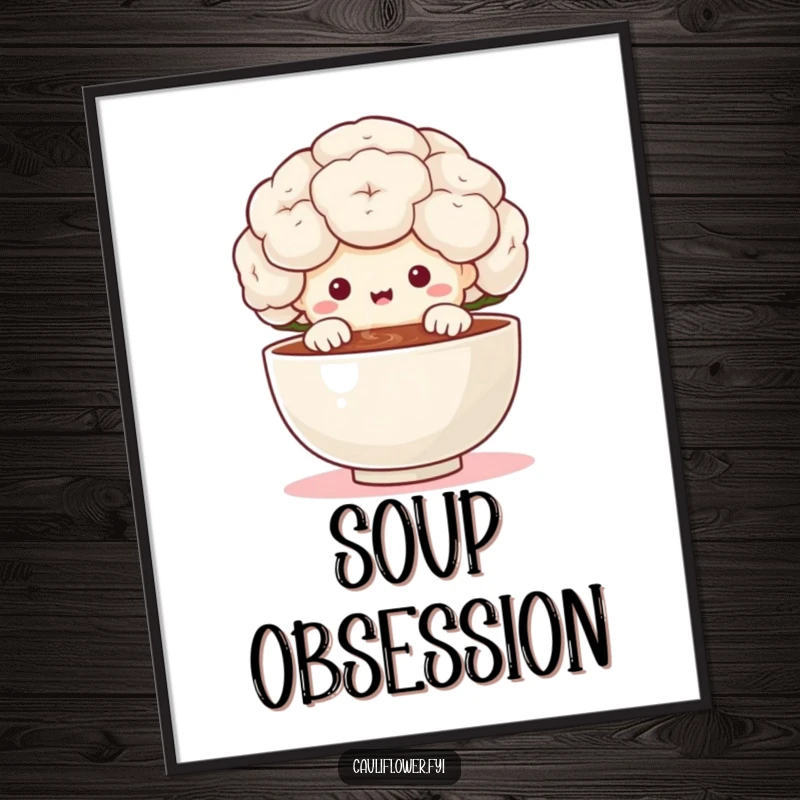 Funny cauliflower character peeking over a tiny steaming bowl with delight in a digital art print, capturing a moment of delicious anticipation and joy.