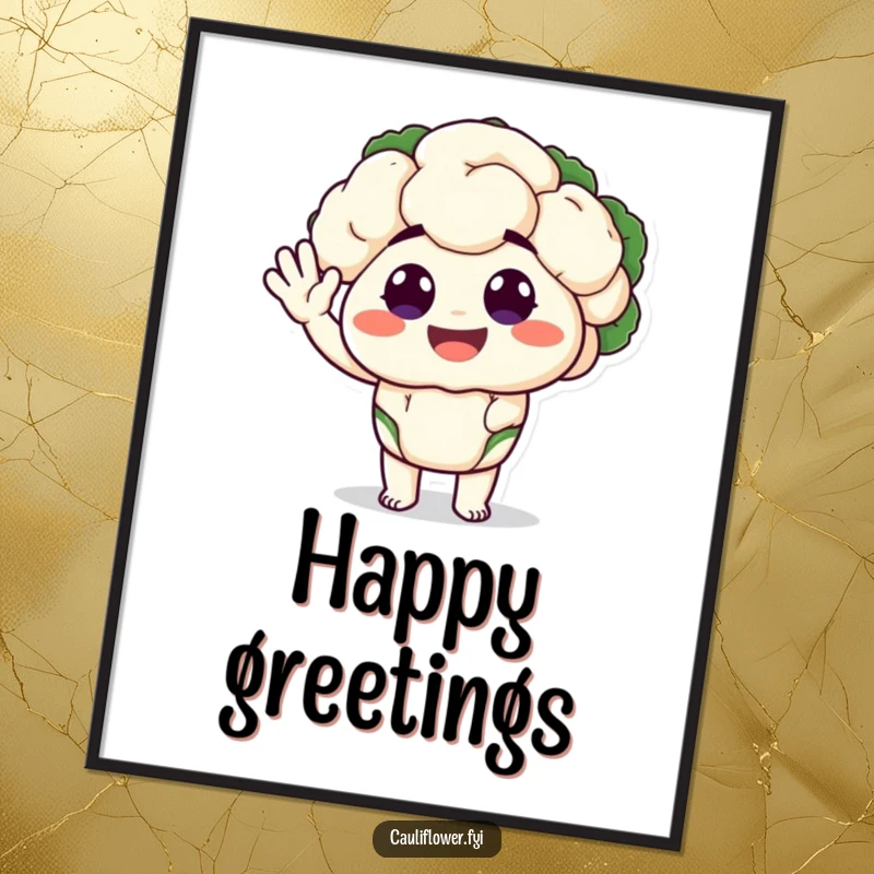 Funny digital art print of a cauliflower character with big, happy eyes performing a silly wave, offering instant cheerful decor.