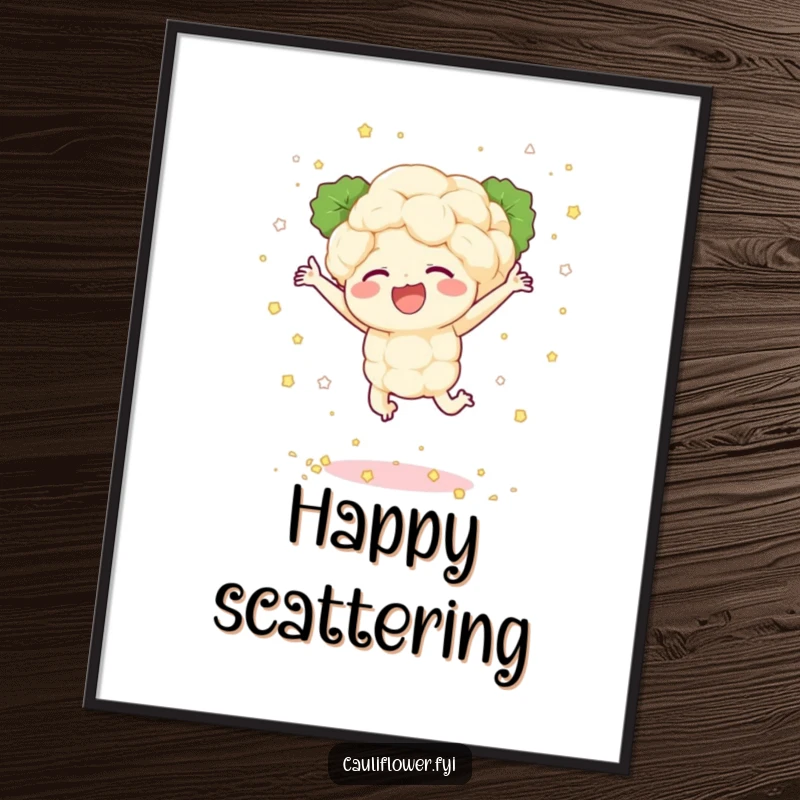 Funny digital art print of a cauliflower character leaping joyfully, scattering tiny florets like confetti, offering instant cheerful decor.