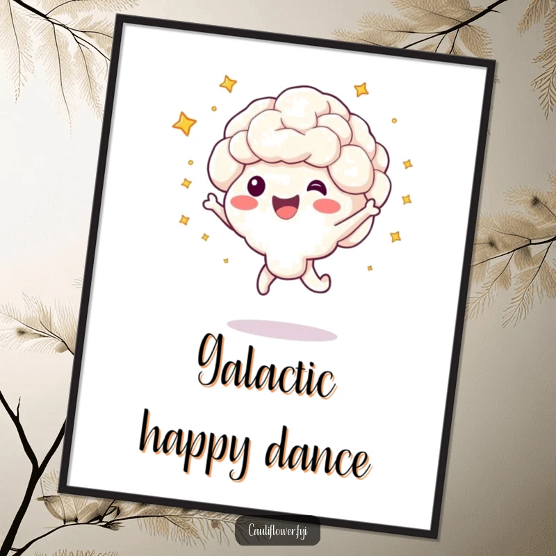 Funny digital art print of a cauliflower character in a happy jump, with little stars bursting around it.