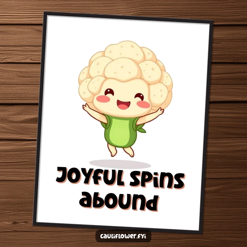 Funny digital art print of a smiling cauliflower floret mid-pirouette, perfect for adding graceful and humorous visual appeal.