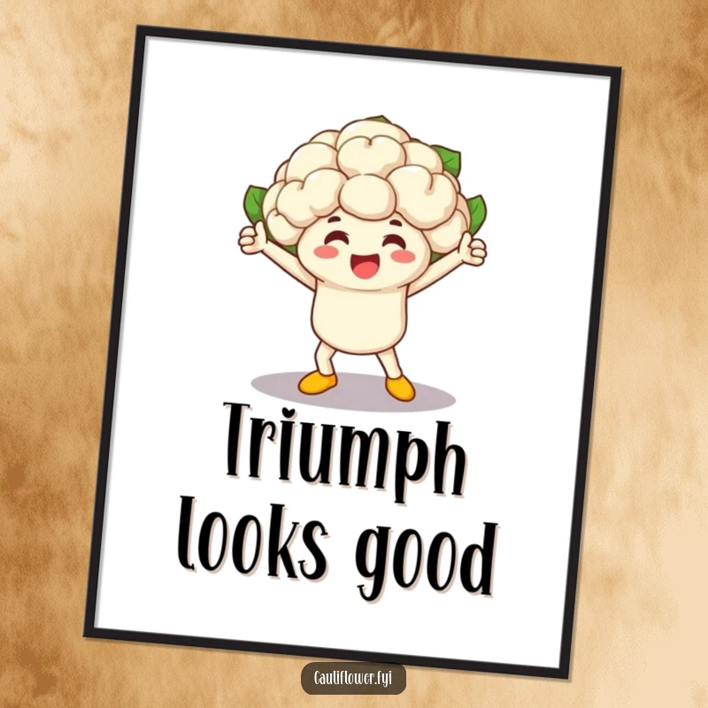 Funny cauliflower character in a triumphant pose after winning a vegetable race, available as a downloadable digital art print.