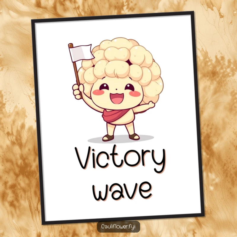 Funny digital art print of a cauliflower character energetically waving a small flag, a symbol of pure, unadulterated celebration.