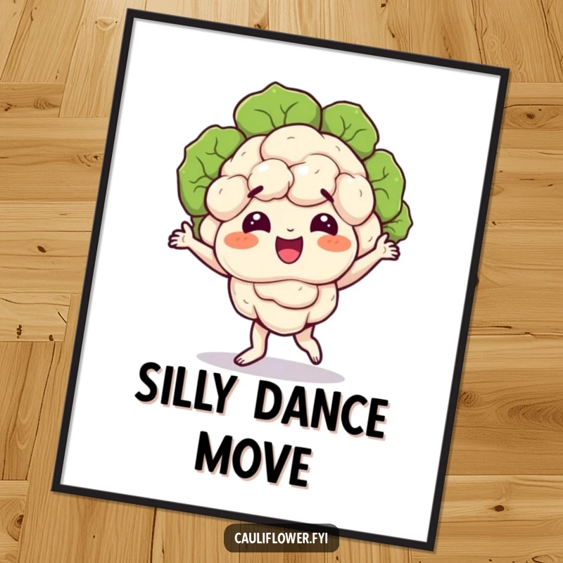 Funny digital art print of a cauliflower character performing a silly dance, florets wobbling rhythmically, a vibrant piece of vegetable humor.