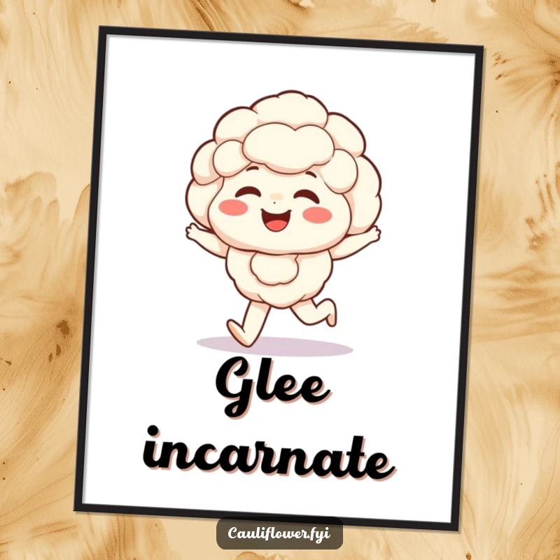 Funny Kawaii cauliflower digital art print of a giggling veggie with rosy cheeks taking a happy skip, full of delight.