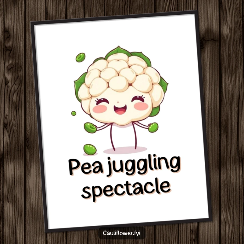 Funny Cauliflower Digital Art Print of a happy veggie head juggling peas, perfect for humorous decor and showcasing talent.