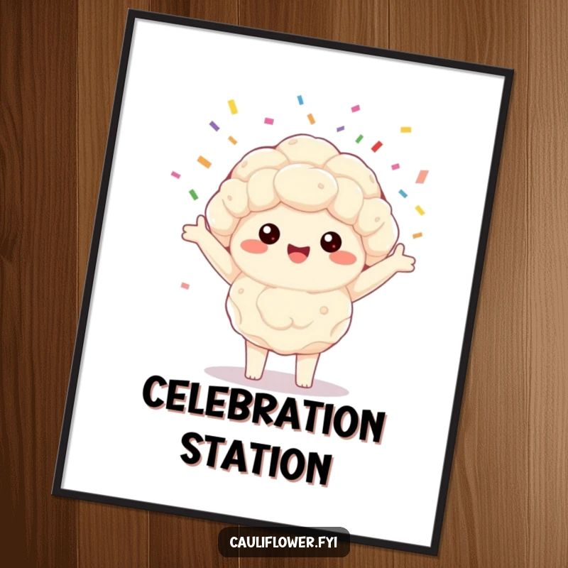 Funny Kawaii cauliflower digital art print of a happy veggie joyfully spinning a celebratory shower of colorful confetti.