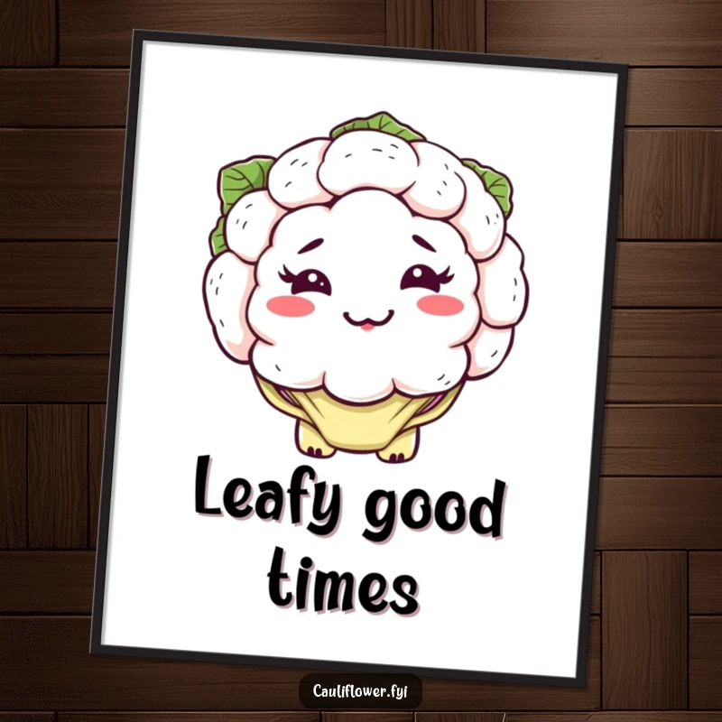 Funny kawaii cauliflower digital art print with a silly, lopsided grin and floppy leaves, instant humorous decor.