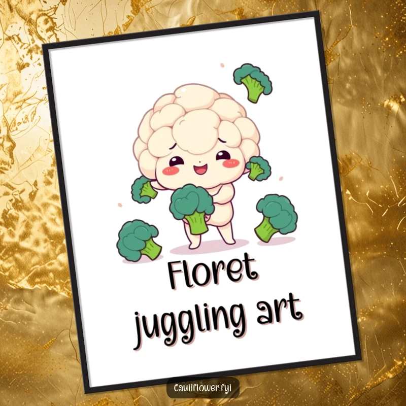 Funny digital art print of a kawaii cauliflower juggling broccoli florets with cheerful concentration.