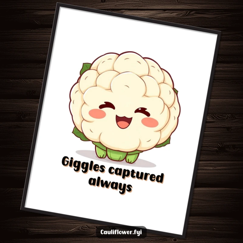 Funny digital art print of a kawaii cauliflower with exaggerated laughter lines, radiating pure delight and infectious happiness for wall decor.