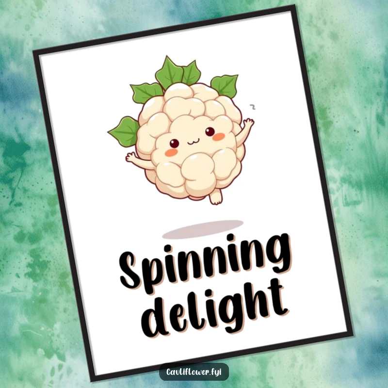 Funny digital art print of a kawaii cauliflower performing a comical pirouette with leaves swirling around it.