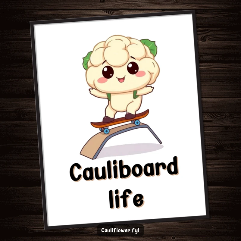 Funny digital art print of a kawaii cauliflower riding a skateboard down a ramp with a smile.