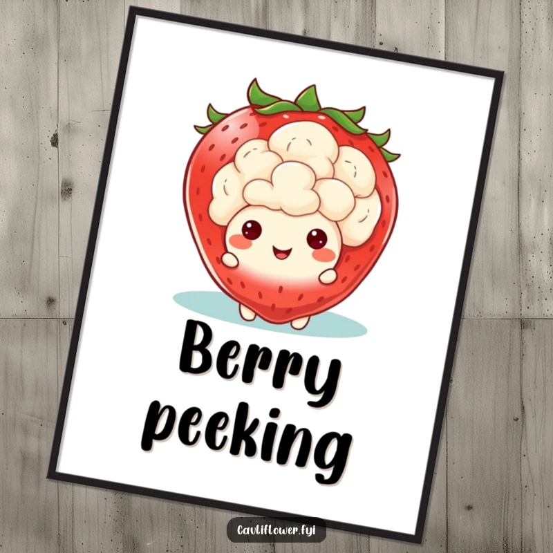 Funny Kawaii Cauliflower Digital Art: A printable featuring a cauliflower peeking from behind a large smiling strawberry, offering instant humorous charm.