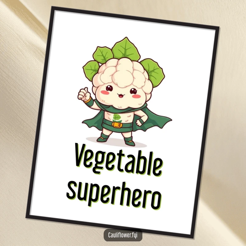 Funny digital art print of a kawaii cauliflower dressed as a superhero, flexing a tiny leafy arm.