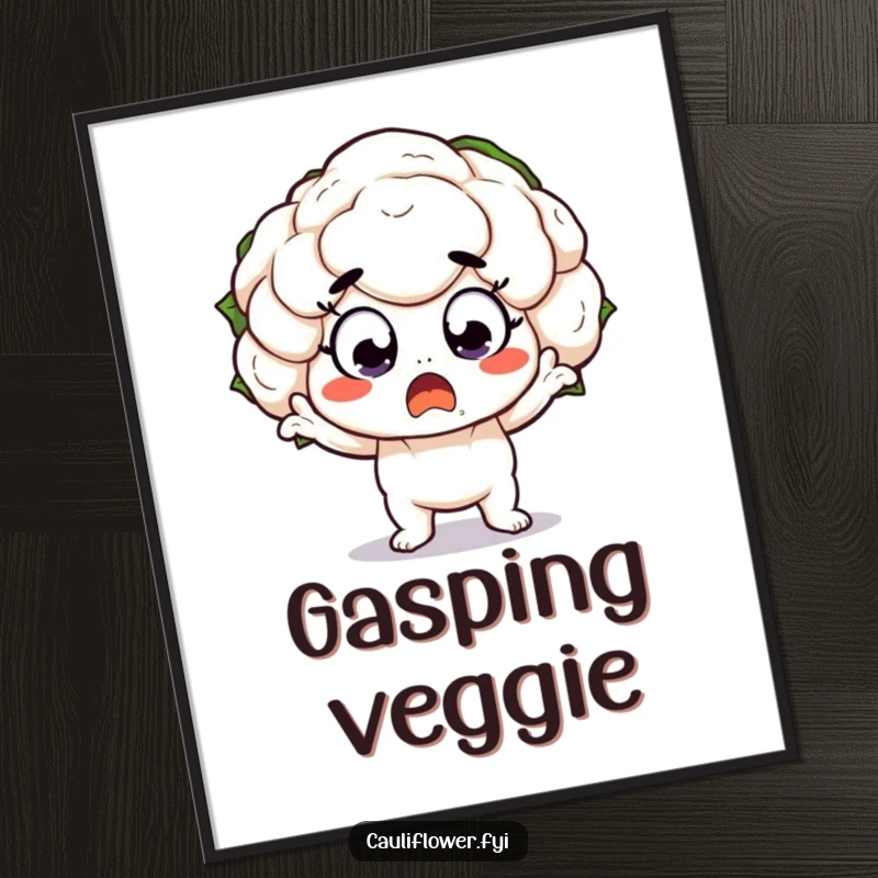 Funny Digital Art Print of a kawaii cauliflower character with wide, surprised eyes in a dramatic pose, ready for printing.