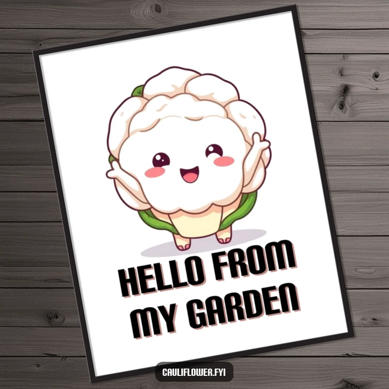 Funny kawaii cauliflower with tiny arms waving enthusiastically on digital art.