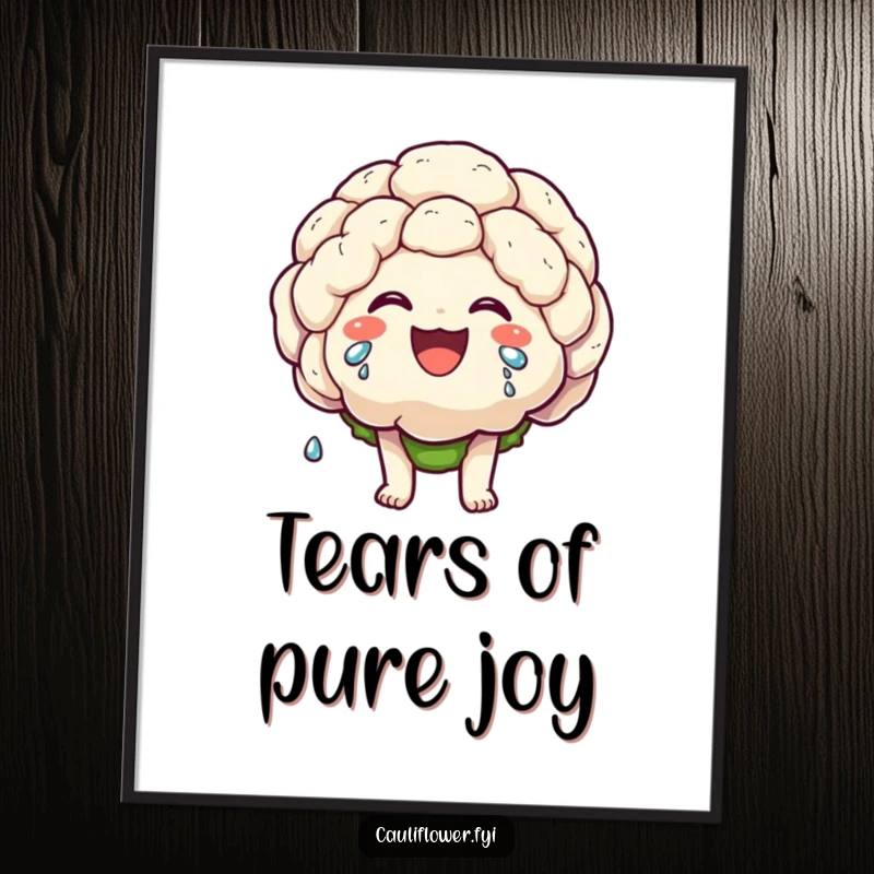 Funny digital art print of a kawaii cauliflower character laughing heartily, with tears of joy streaming down, radiating pure humor.