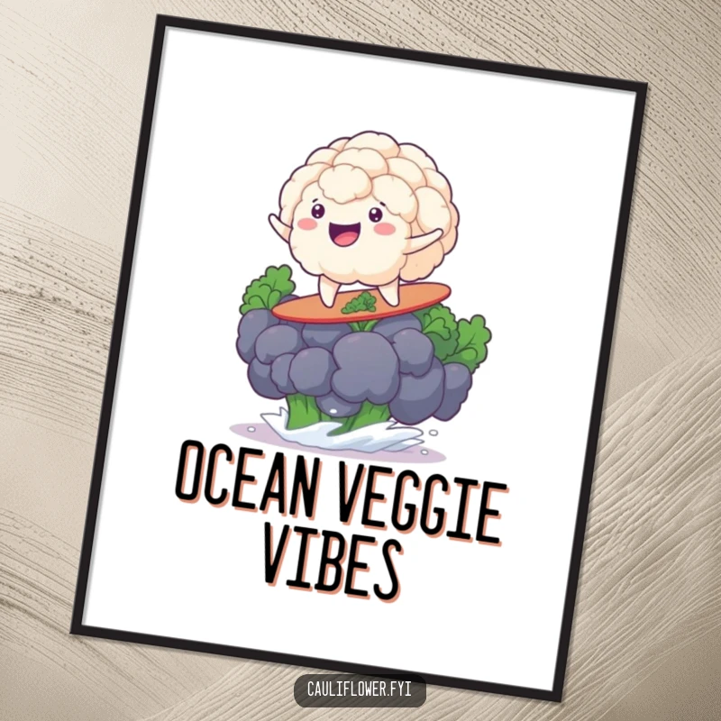 Funny cauliflower grinning as it surfs a giant broccoli floret, ready to bring beachy fun to your walls.