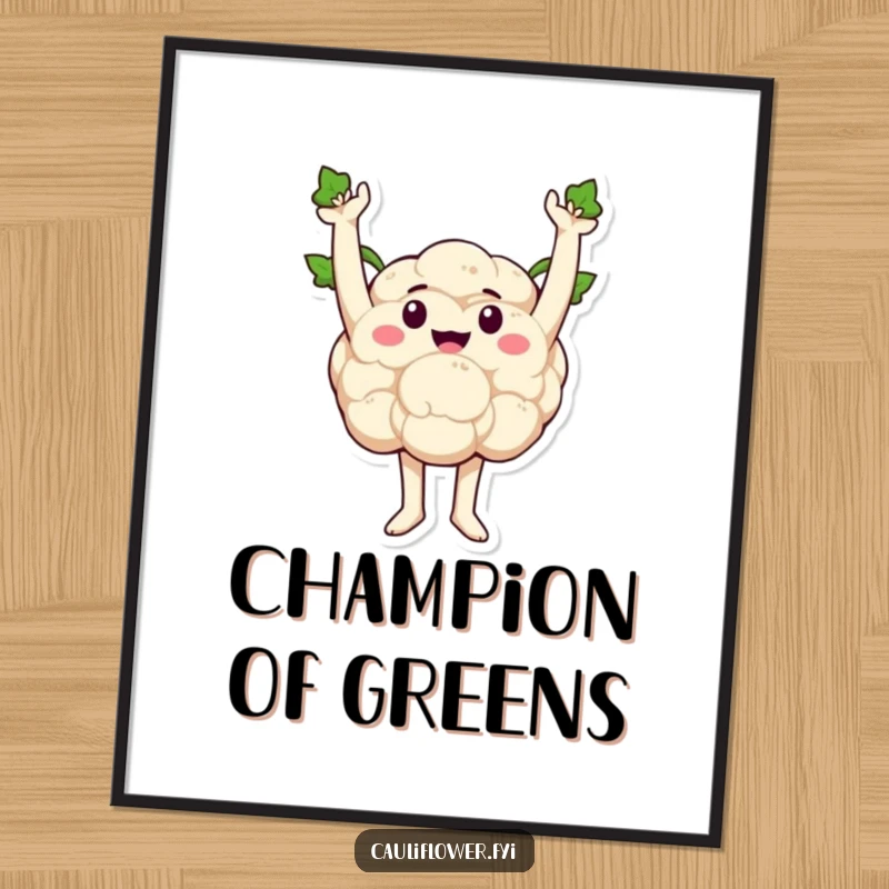 Funny cauliflower striking a triumphant pose with sprout arms raised high, ready to inspire digitally.