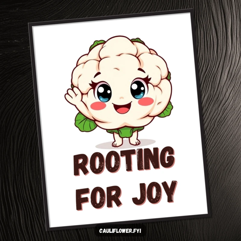 Funny waving cauliflower digital art print featuring a cheerful vegetable character with exaggerated eyes, perfect for instant, joyful wall decor.