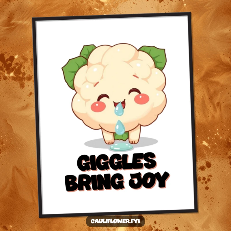 Funny digital art print of a cauliflower piece giggling while balancing a dewdrop, ideal for adding delicate and humorous visual appeal.