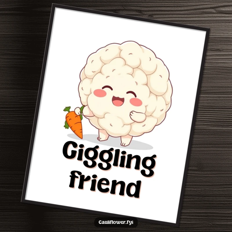 Funny digital art print of a cheerful cauliflower giggling while tickling a small, happy carrot, bringing instant veggie humor.