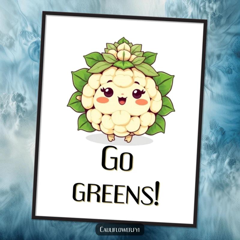 Funny happy Kawaii cauliflower cheering with a leafy pom-pom, a high-resolution humorous digital art print.