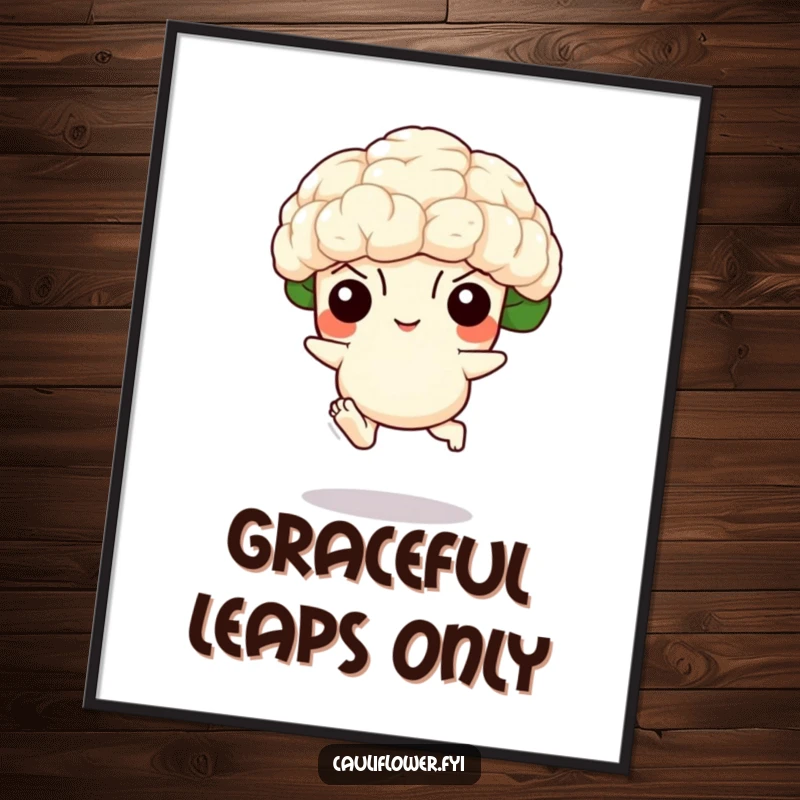Funny digital art print of a cauliflower with tiny feet in a dynamic leap, perfect for vibrant, humorous wall decor.