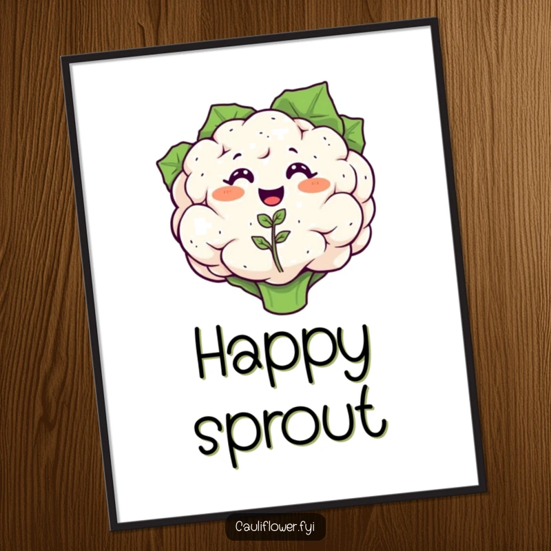 Funny digital art print of a smiling cauliflower with a tiny, happy cauliflower seedling sprouting, symbolizing instant joyful growth.