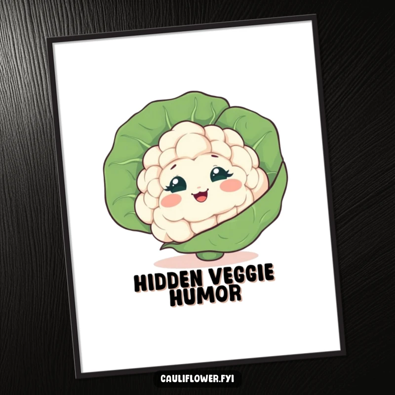 Funny Cauliflower Digital Art Print of a shy veggie peeking from behind a leaf, giggling, perfect for playful decor.