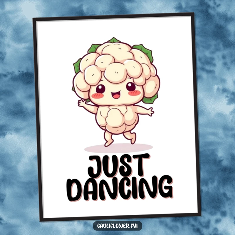 Funny Kawaii cauliflower doing a silly shuffle dance, a high-resolution humorous digital art print.